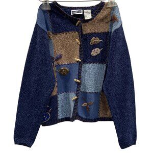 Vtg Needlepoint Cardigan Sweater size S Floral Leaf Blue Brown Cottage Grandma
